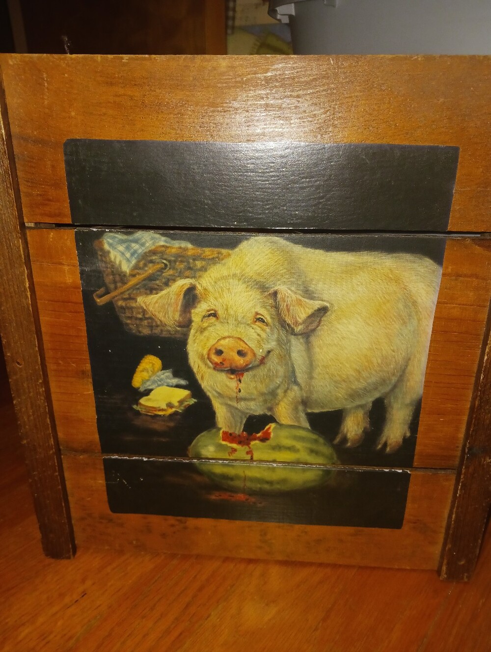 Vintage Pig Illustration Wooden Panel Wall Art - Pig with Watermelon